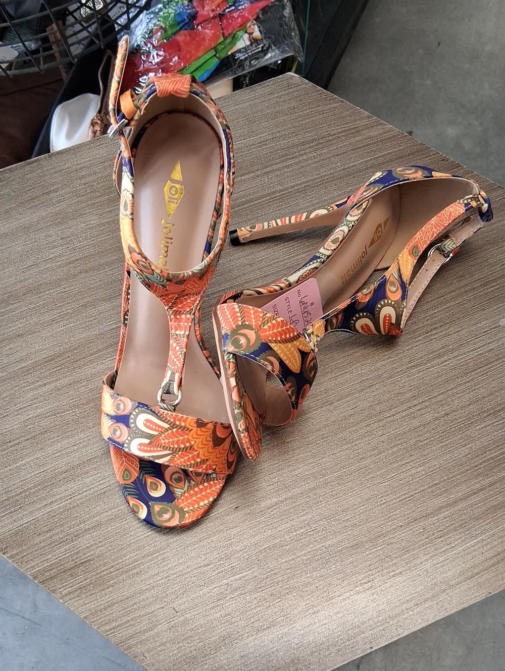 Jolimais Orange Patterned T-Strap Heels with Ankle Buckle 6NU52C
